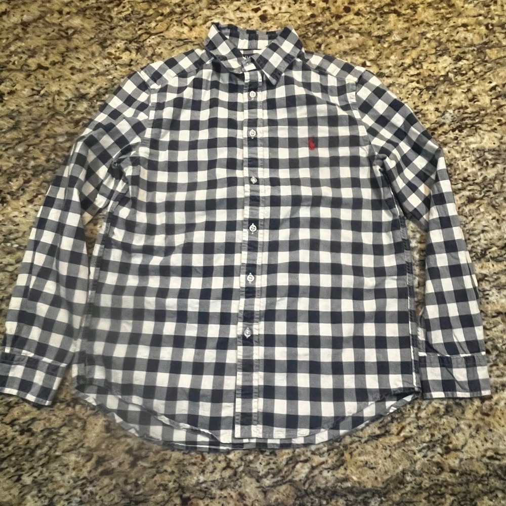 Polo Ralph Lauren Kids Navy Blue White Gingham Check Button Down Shirt L 14-16